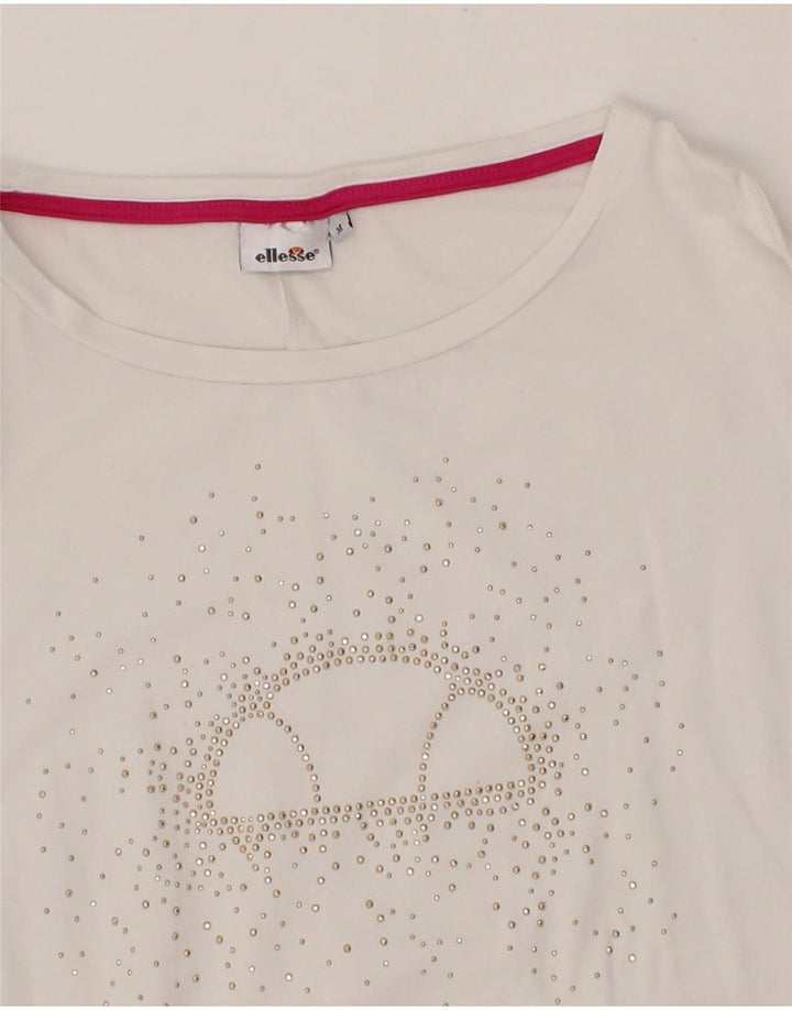 ELLESSE Womens Graphic Sweatshirt Jumper UK 14 Medium White Cotton Vintage Ellesse and Second-Hand Ellesse from Messina Hembry 
