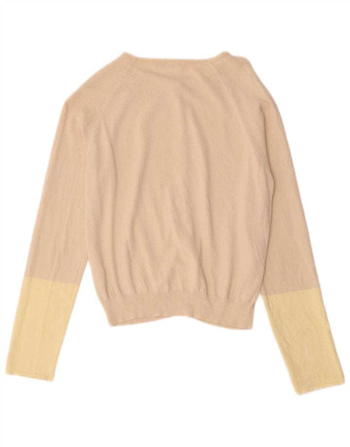 Suéter cardigã feminino Marks & Spencer Reino Unido 16 grande bloco colorido bege