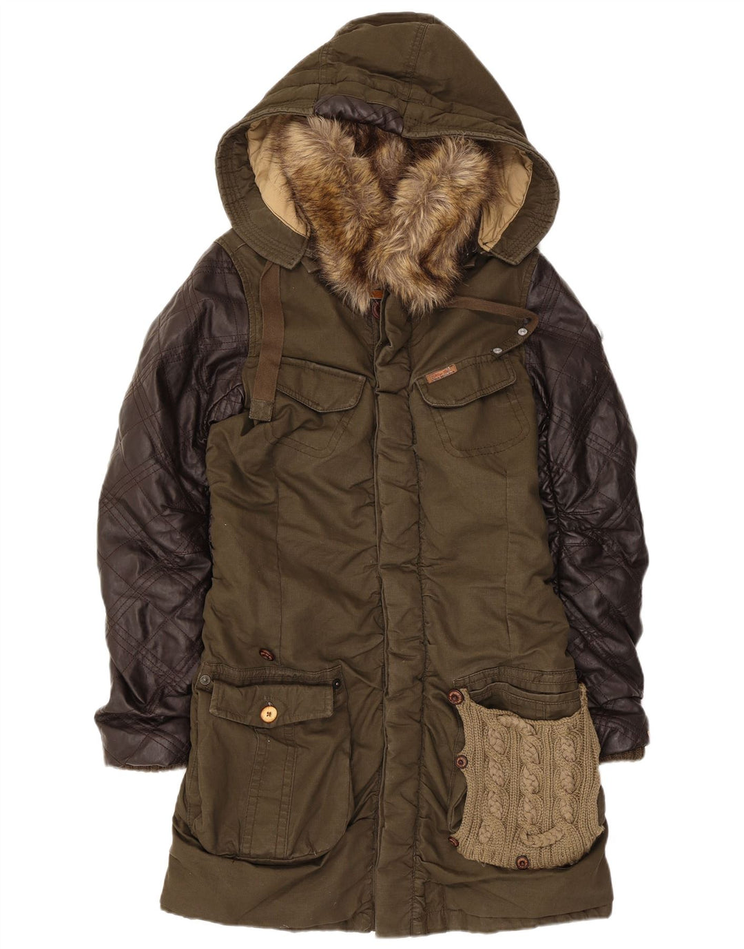 Jaqueta parka feminina com capuz KHUJO Reino Unido 14 grande poliéster colorblock cáqui