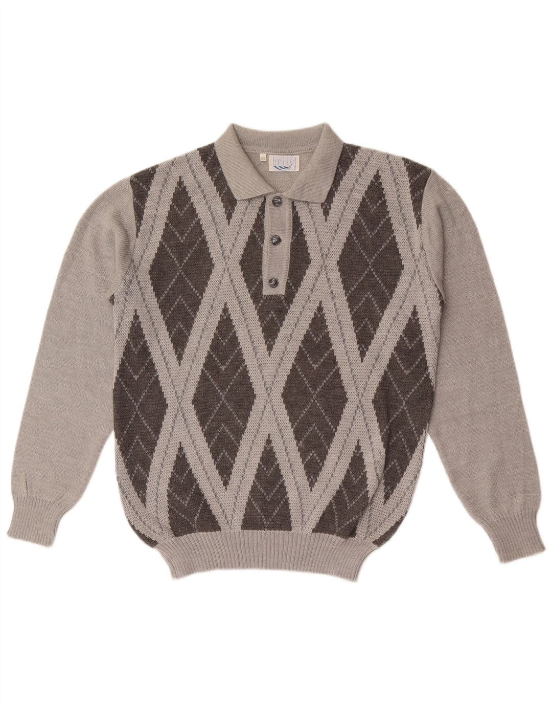 Suéter masculino vintage com gola polo IT 52 grande cinza argyle/lã diamante
