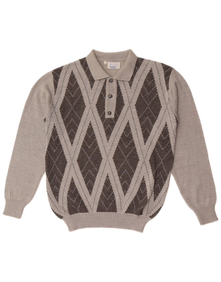 Suéter masculino vintage com gola polo IT 52 grande cinza argyle/lã diamante