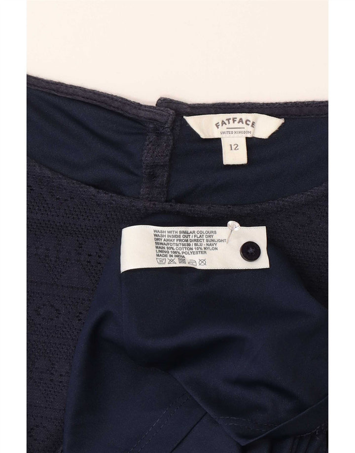 Vestido bainha feminino Fat Face Reino Unido 12 algodão geométrico azul marinho médio
