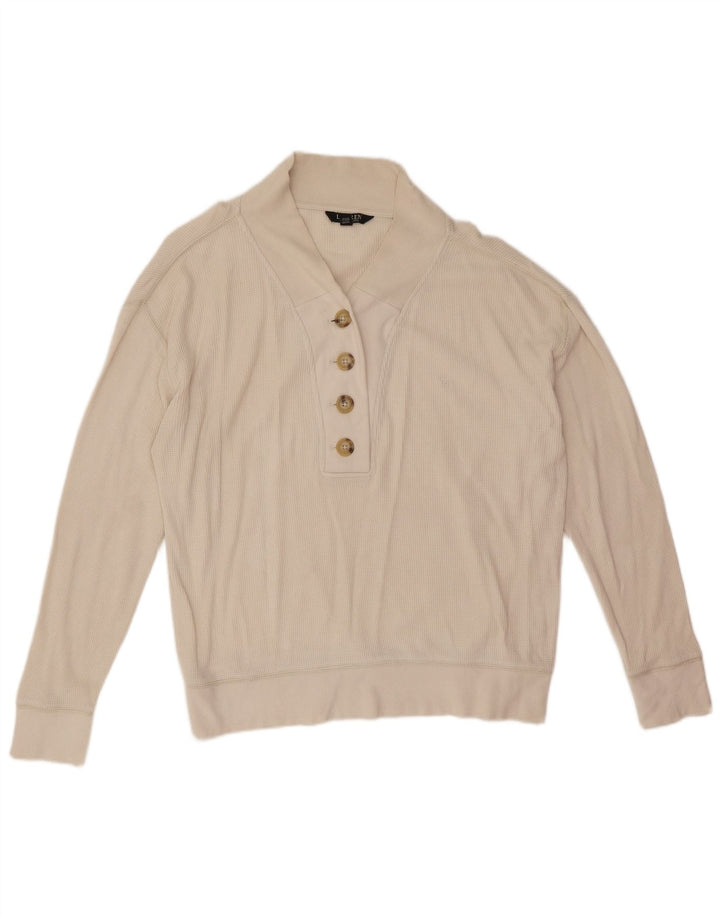 Suéter feminino Ralph Lauren com gola e botão Reino Unido 14 algodão branco médio