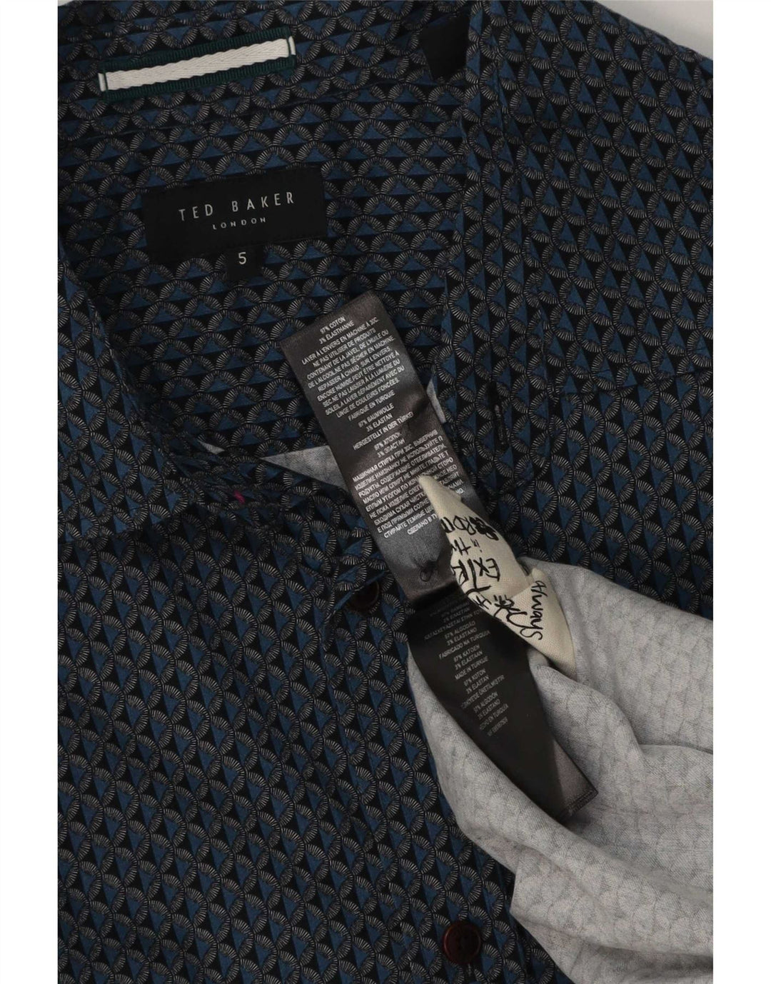 Camisa masculina Ted Baker com padrão abstrato tamanho 5 XL algodão azul
