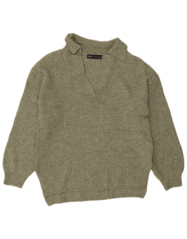 Suéter feminino Marks & Spencer com gola polo Reino Unido 10 pequeno acrílico cáqui