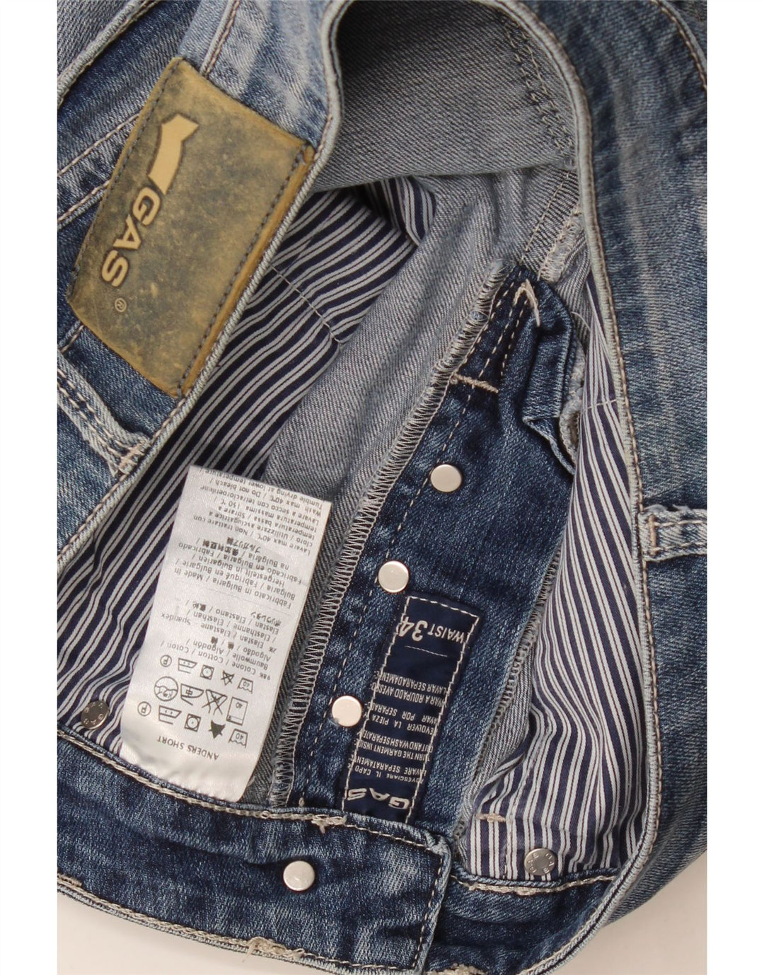 Shorts jeans masculino desgastado Gas W34 grande algodão azul