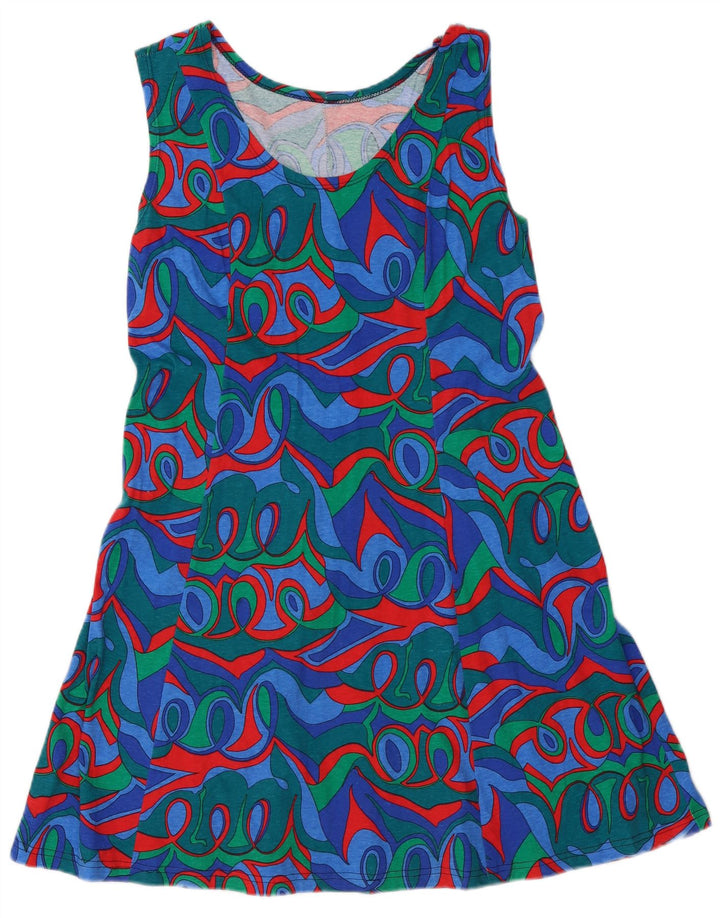 Vestido feminino vintage com estampa abstrata evasê UK 12 médio multicolorido