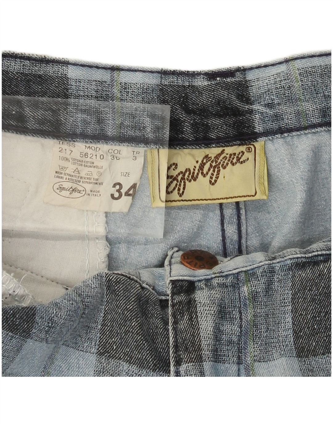 Jeans cônicos femininos SPITFIRE W34 L27 algodão xadrez azul
