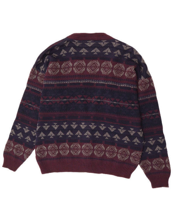 Suéter cardigã masculino vintage solto IT 50 lã geométrica roxa média