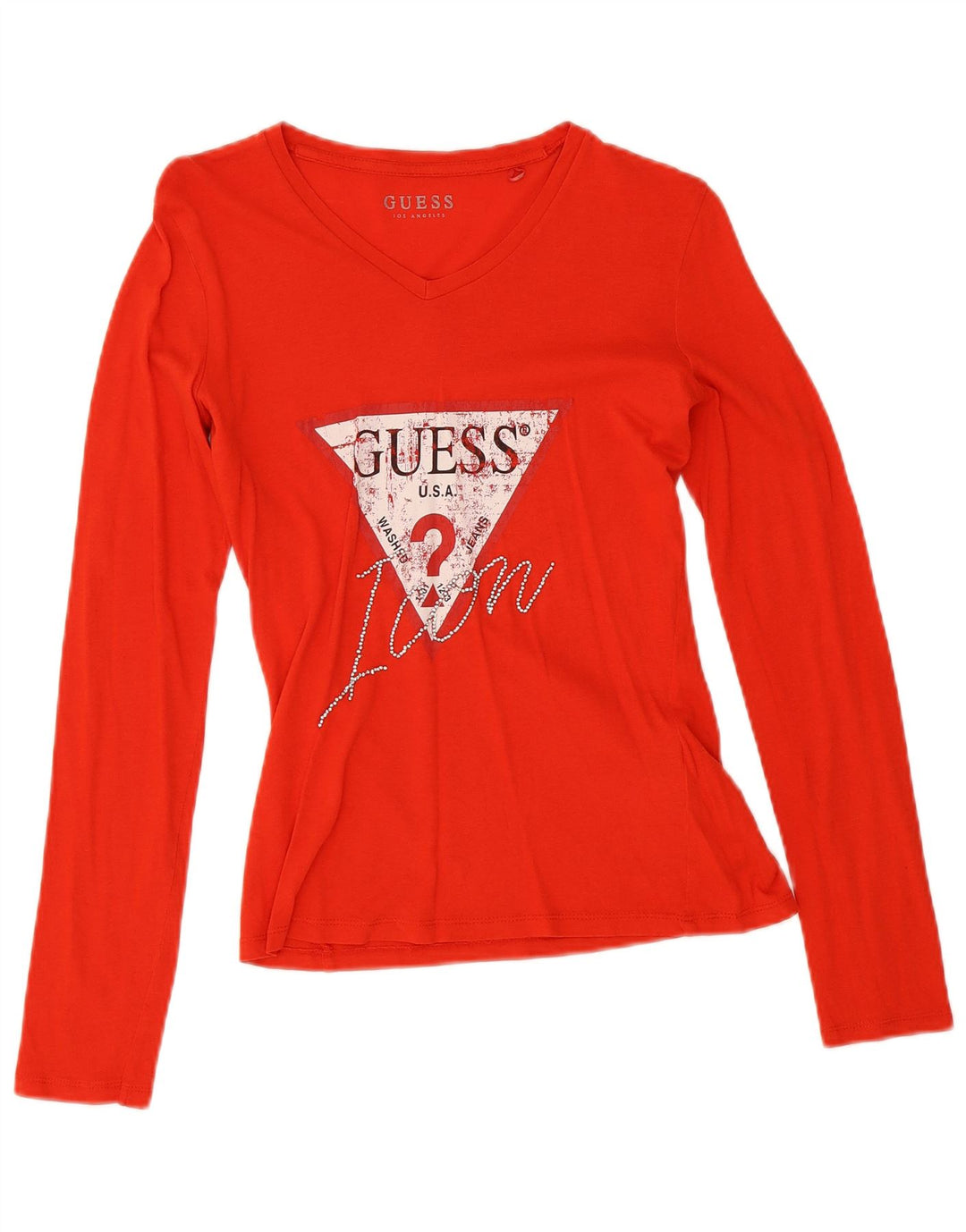 Guess Top gráfico feminino manga comprida Reino Unido 10 pequeno algodão vermelho