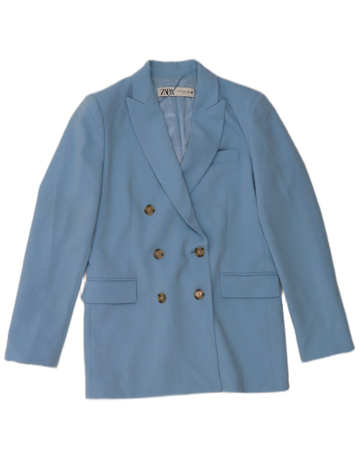 Jaqueta blazer feminina ZARA com peito duplo UK 6 XS azul poliéster