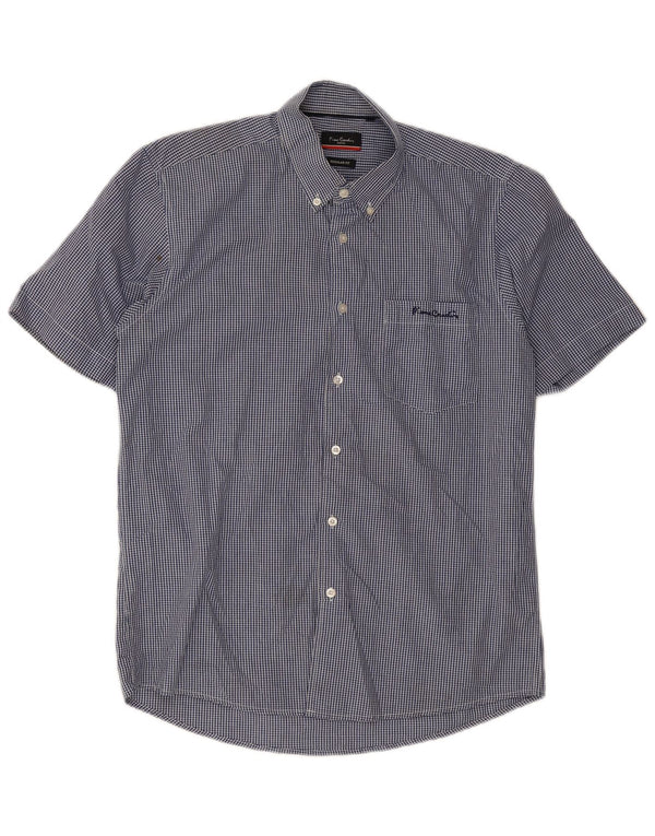Pierre Cardin Camisa masculina de manga curta grande poliéster azul guingão