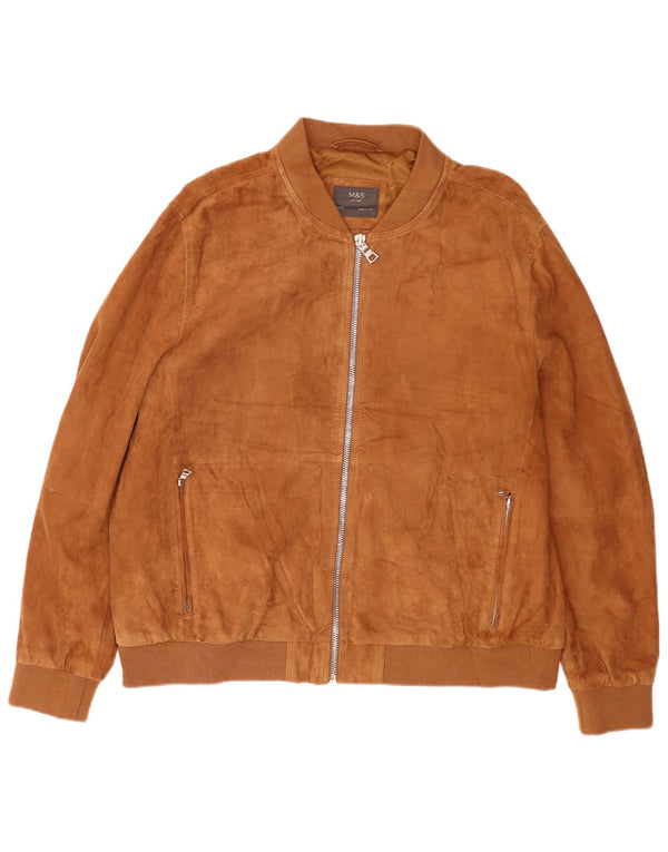 Jaqueta bomber masculina de camurça Marks & Spencer Reino Unido 46 3XL couro marrom