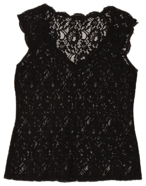 Blusa feminina Oasis de renda transparente Reino Unido 12 médio preto floral