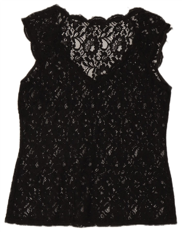 Blusa feminina Oasis de renda transparente Reino Unido 12 médio preto floral