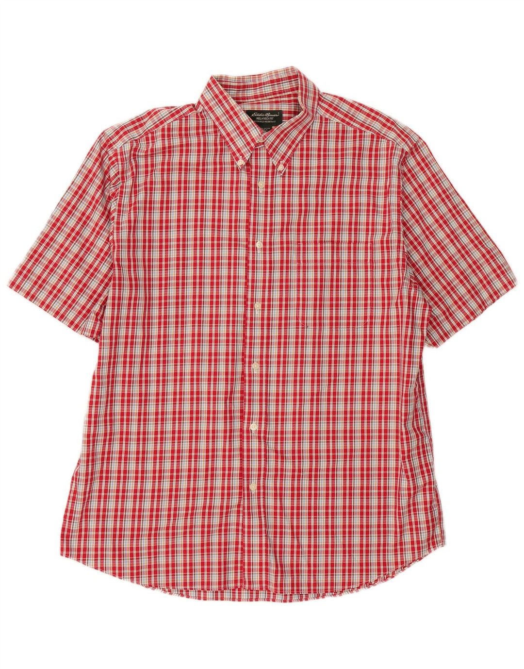 Camisa masculina Eddie Bauer resistente a rugas de manga curta grande xadrez vermelha