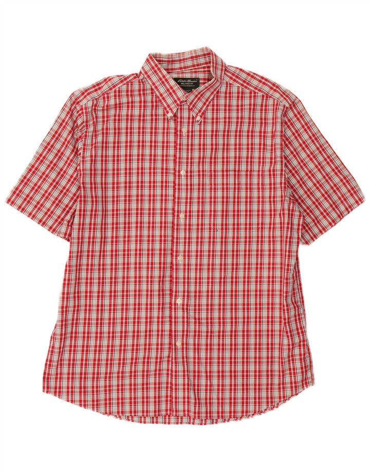 Camisa masculina Eddie Bauer resistente a rugas de manga curta grande xadrez vermelha