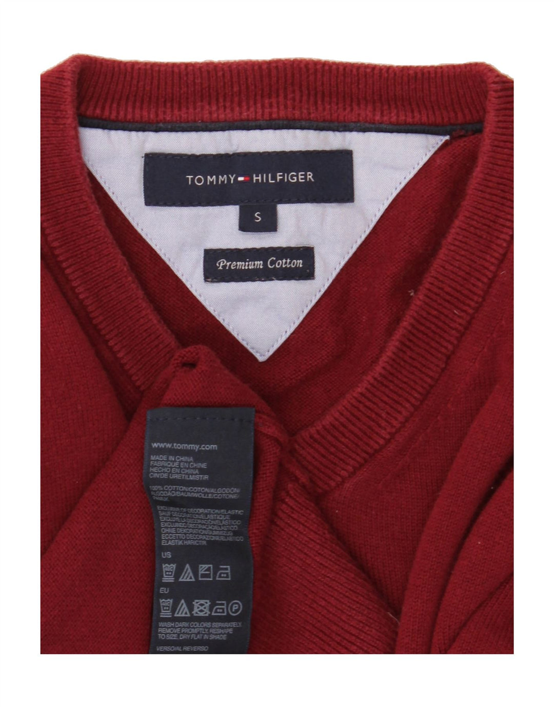 TOMMY HILFIGER Mens V-Neck Jumper Sweater Small Burgundy Cotton Vintage Tommy Hilfiger and Second-Hand Tommy Hilfiger from Messina Hembry 