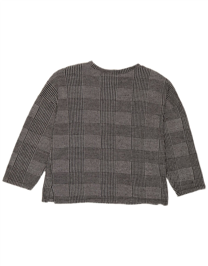 Top feminino Zara manga comprida UK 14 cinza médio houndstooth poliéster
