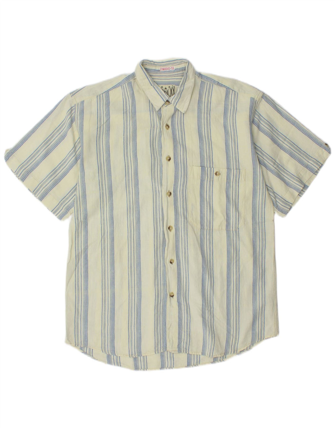 Camisa masculina VINTAGE de manga curta listrada azul grande