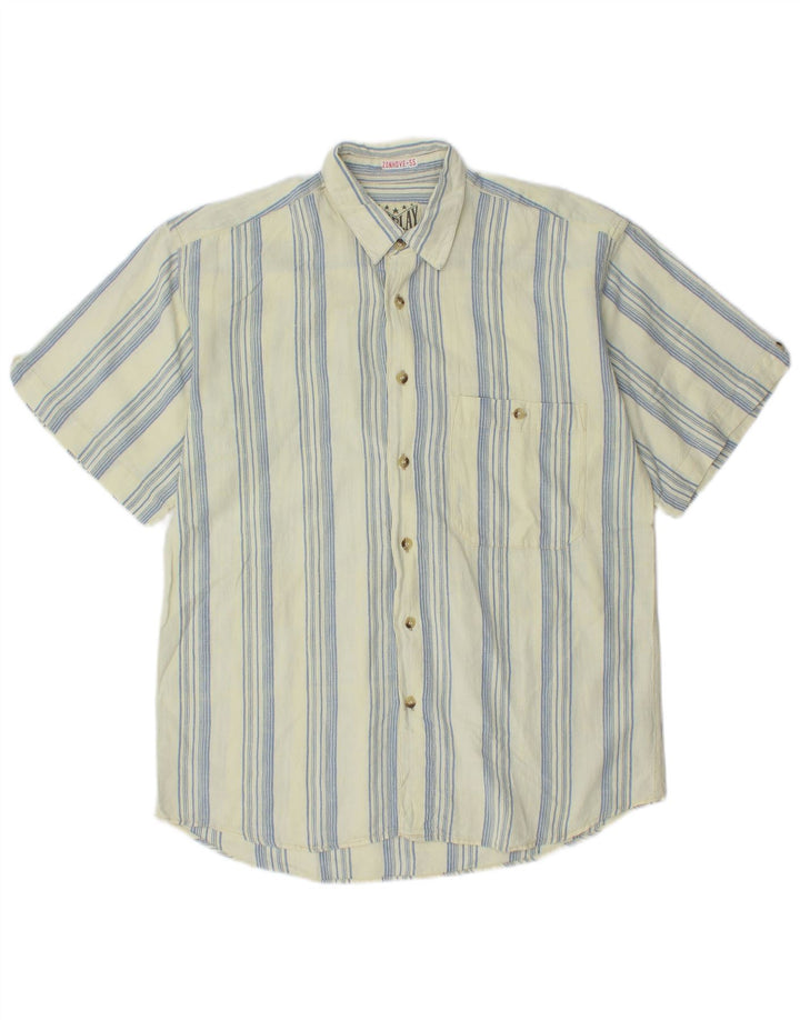 Camisa masculina VINTAGE de manga curta listrada azul grande
