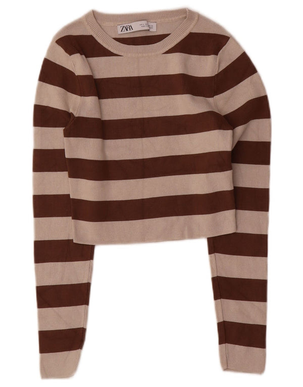 Zara Top curto feminino manga comprida Reino Unido 8 viscose listrada marrom pequena