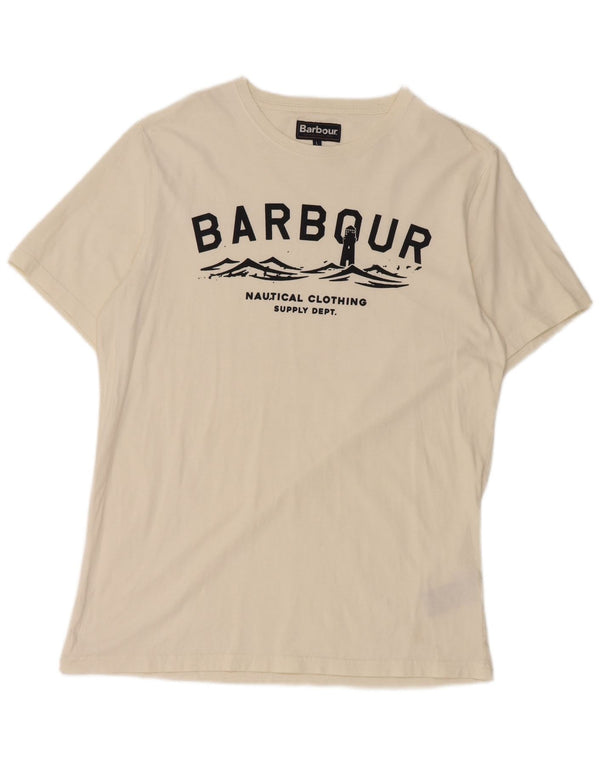 Camiseta masculina Barbour Tailored Fit com estampa gráfica grande de algodão branco