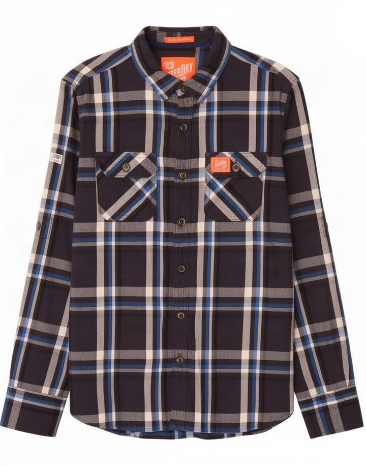Camisa masculina Superdry de flanela média azul marinho algodão xadrez
