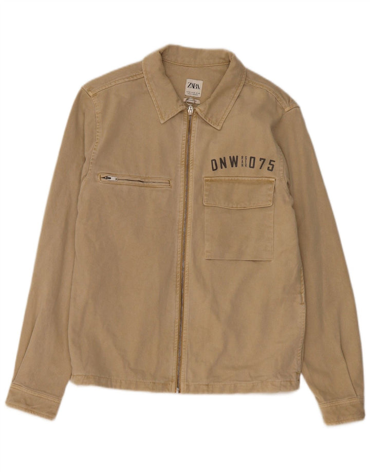 Zara Mens Relaxed Denim Jacket UK 38 Medium Khaki Cotton