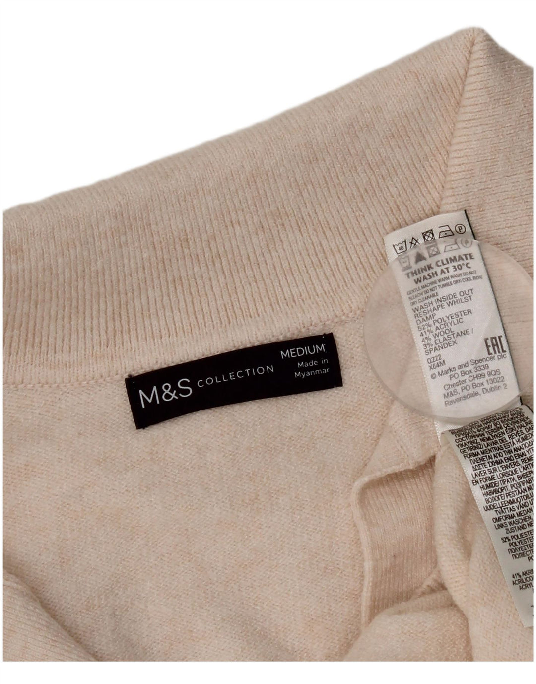 Suéter feminino Marks & Spencer com gola polo e gola polo UK 14 médio off white