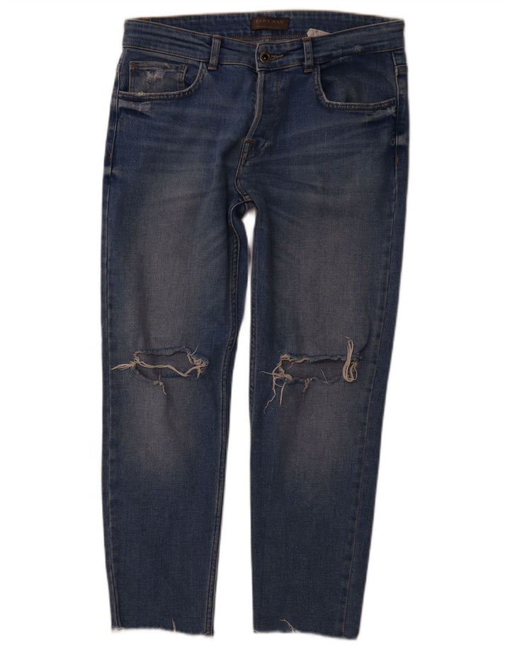 ZARA Mens Jeans Slim Distressed EU 42 Grande W32 L26 Azul Algodão