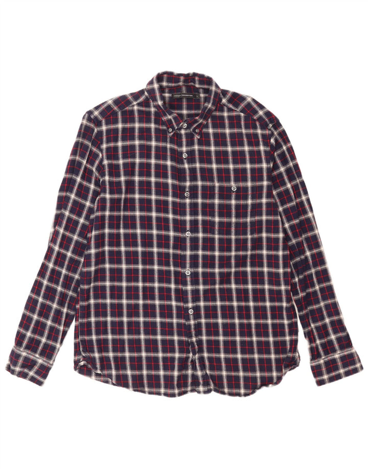 Camisa masculina de flanela French Connection grande algodão xadrez azul marinho