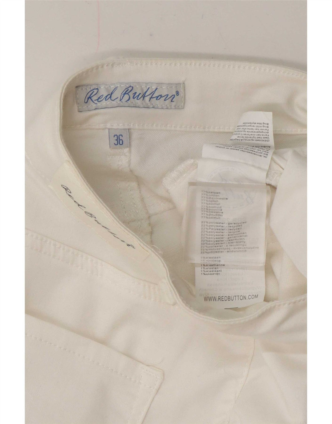 Shorts casuais femininos com botão vermelho UE 36 pequeno algodão W27 branco