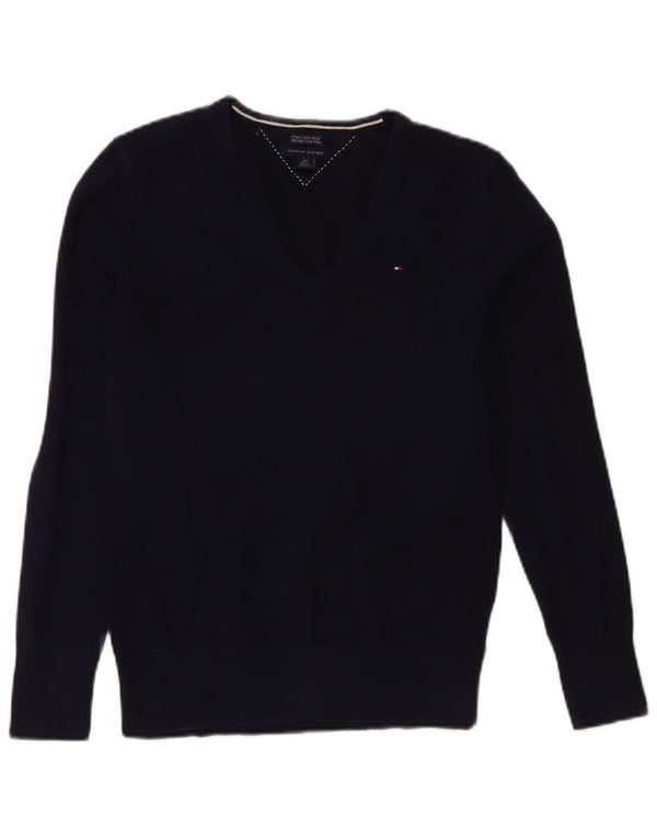 Suéter feminino Tommy Hilfiger com decote em V Reino Unido 10 pequeno algodão azul marinho