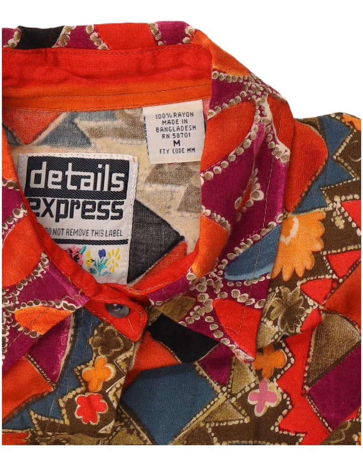 Camisa feminina vintage de manga curta UK 14 média multicolorida geométrica