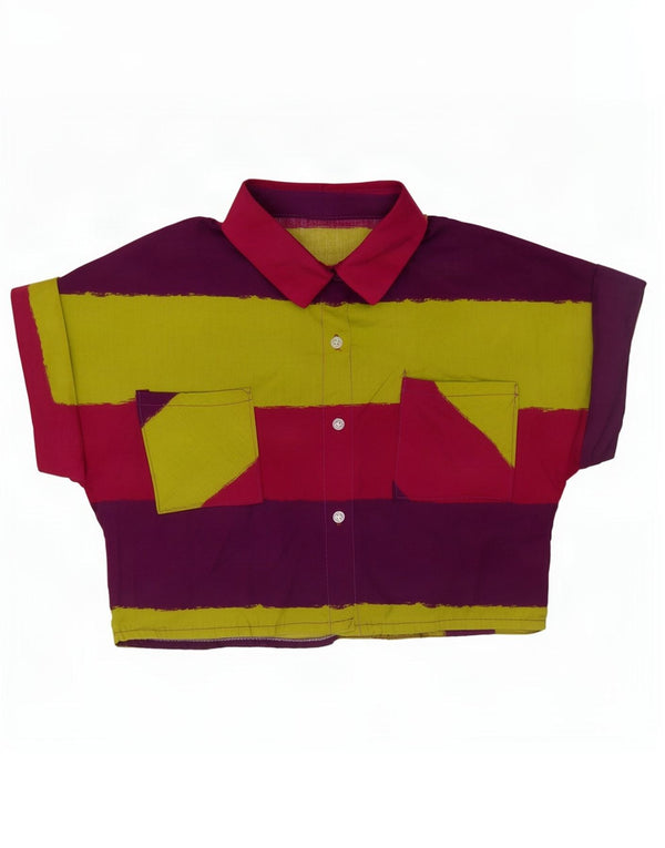 Camisa feminina vintage de manga curta UK 14 média listrada multicolorida