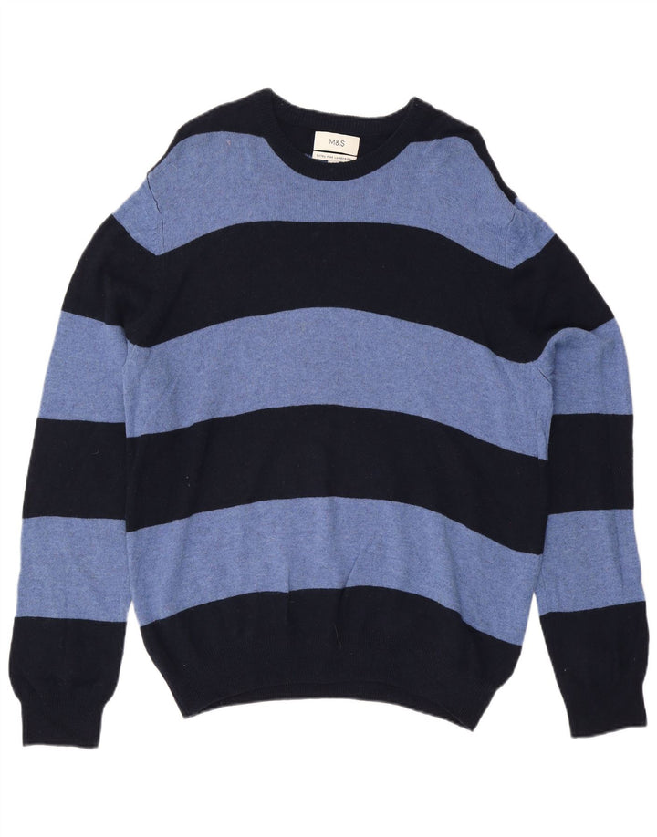 Suéter masculino Marks & Spencer com gola canoa XL de lã listrada azul marinho