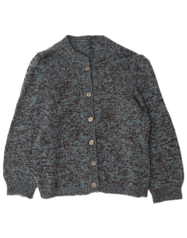 Suéter cardigã feminino vintage manga 3/4 UK 12 médio azul manchado