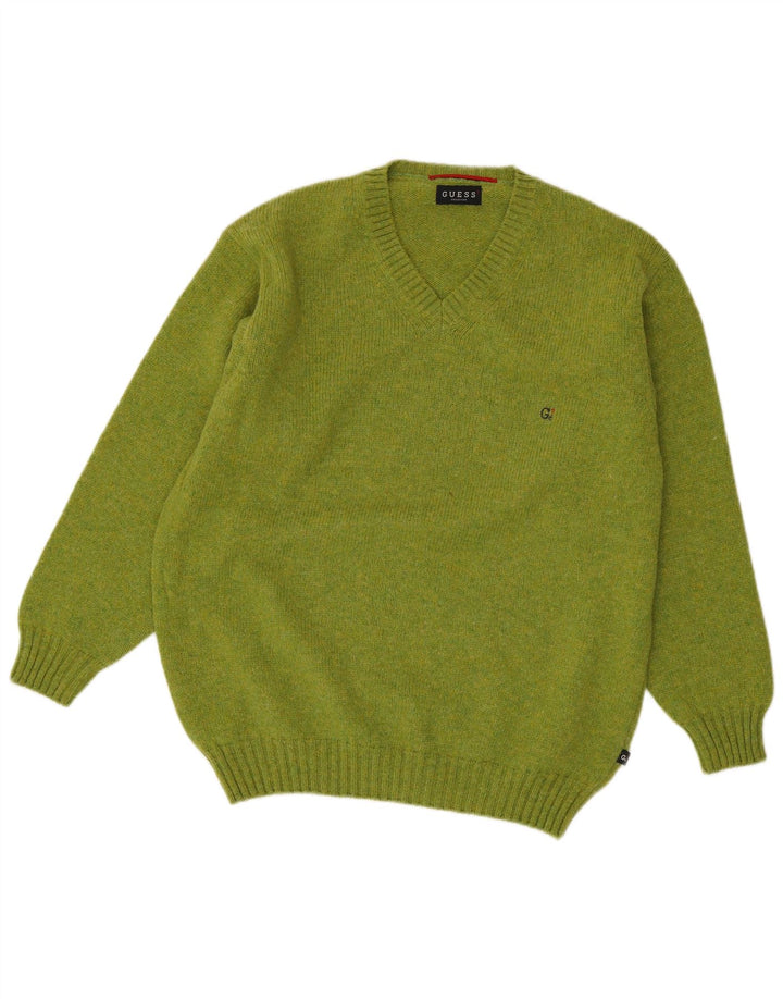 Guess Suéter masculino com decote em V grande lã verde