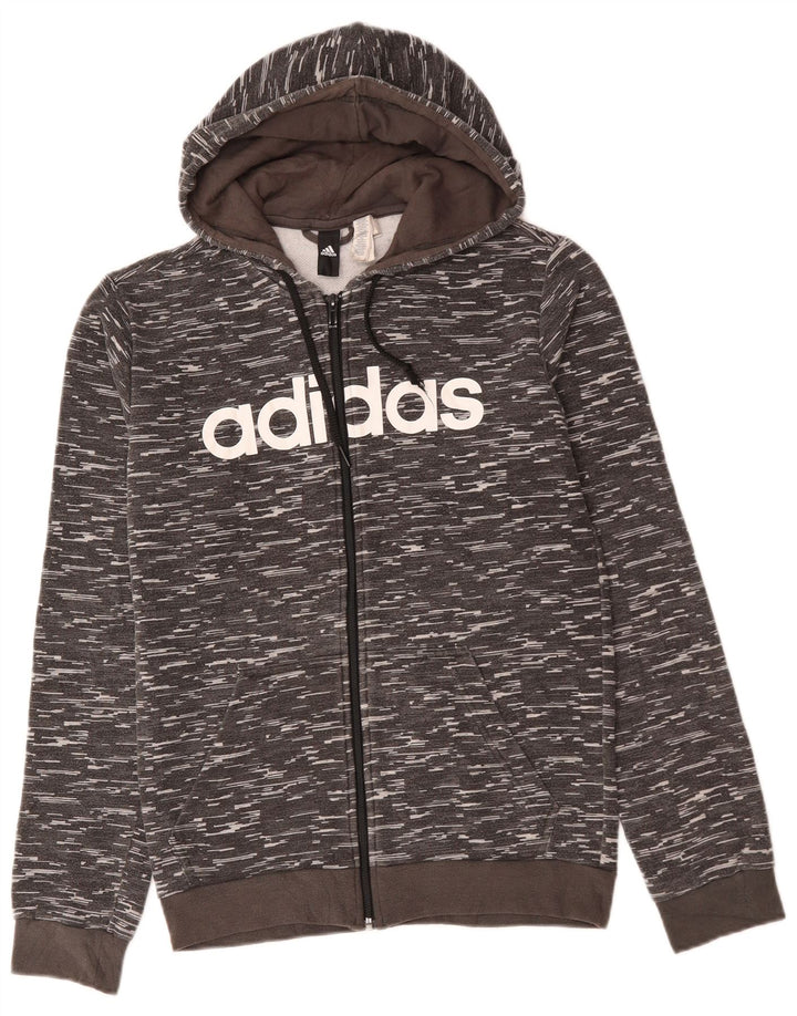 ADIDAS Suéter masculino com capuz e zíper gráfico cinza médio algodão manchado
