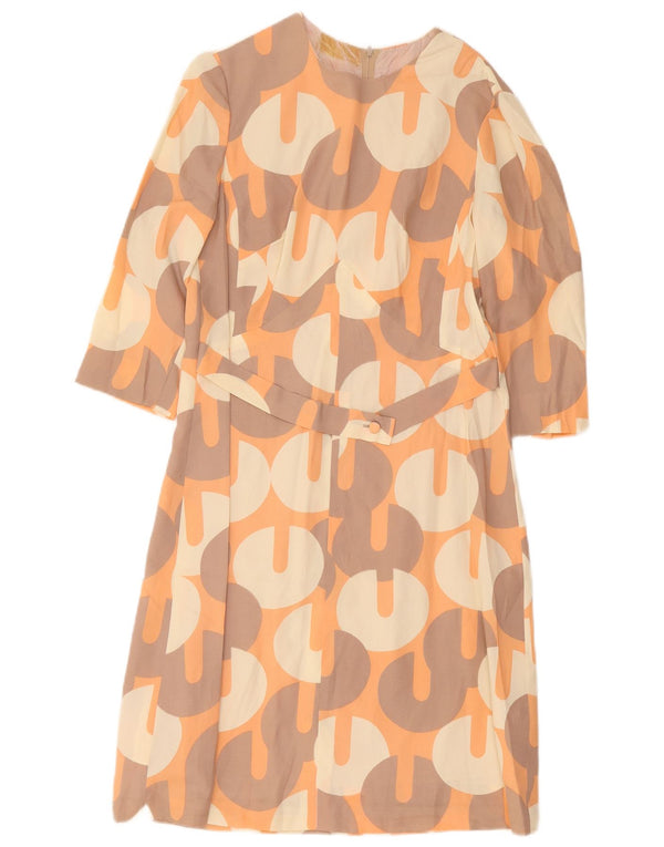 Vestido feminino vintage manga 3/4 com bainha UK 12 médio laranja geométrico