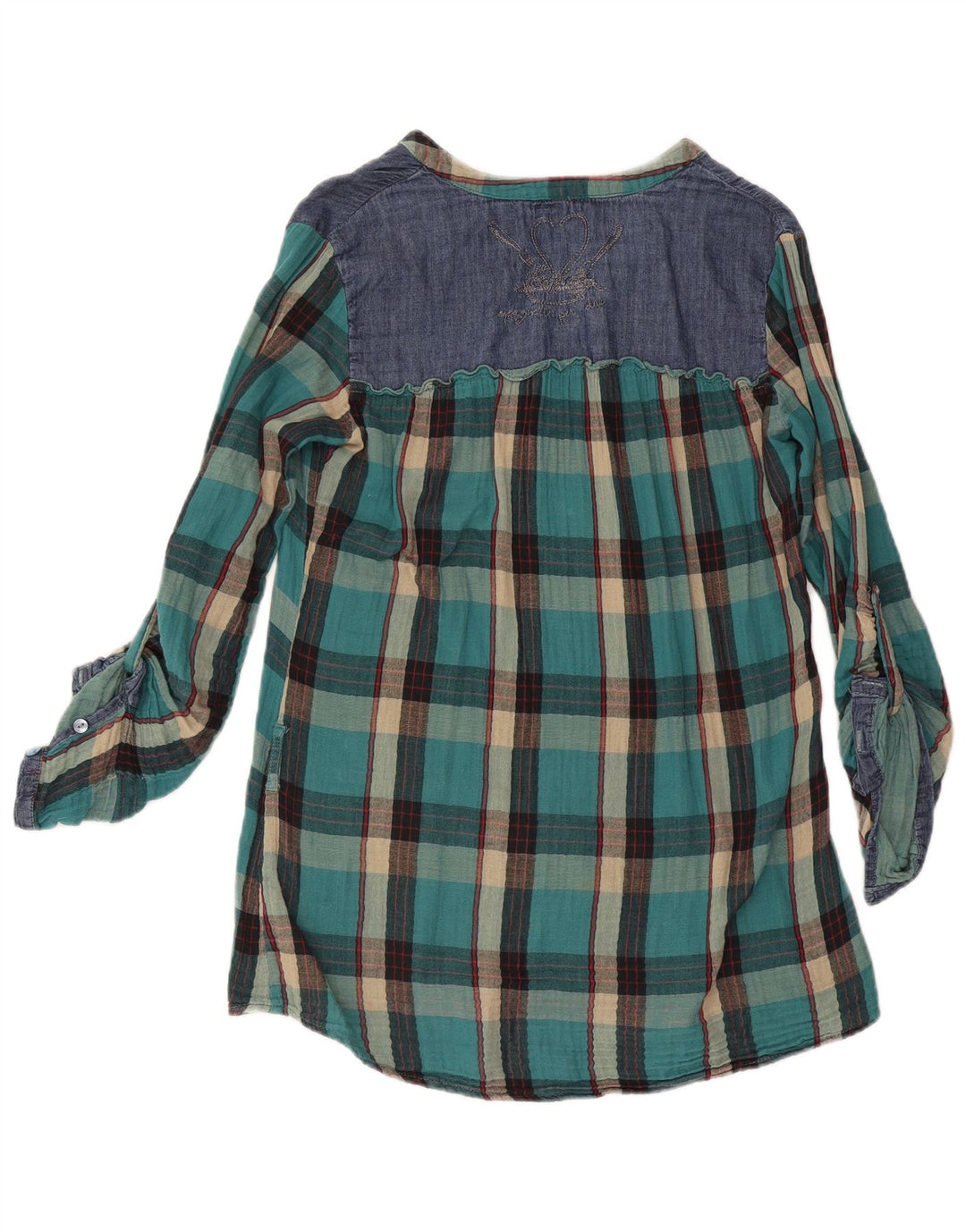 Blusa feminina de manga comprida Desigual UK 16 grande xadrez turquesa