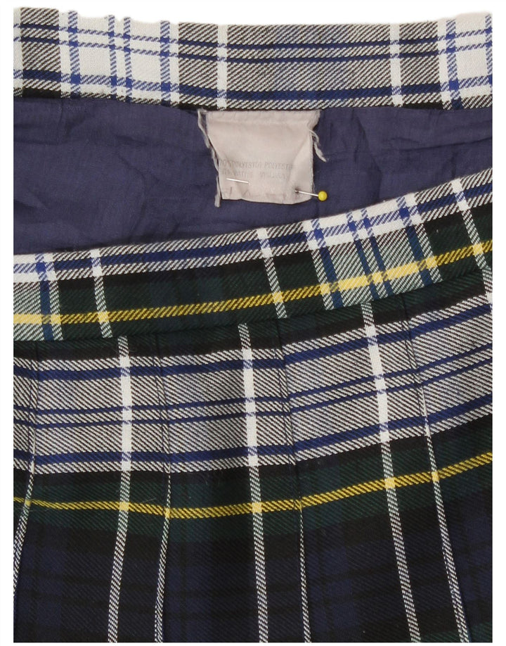 Saia plissada faca feminina vintage W28 poliéster xadrez azul marinho médio