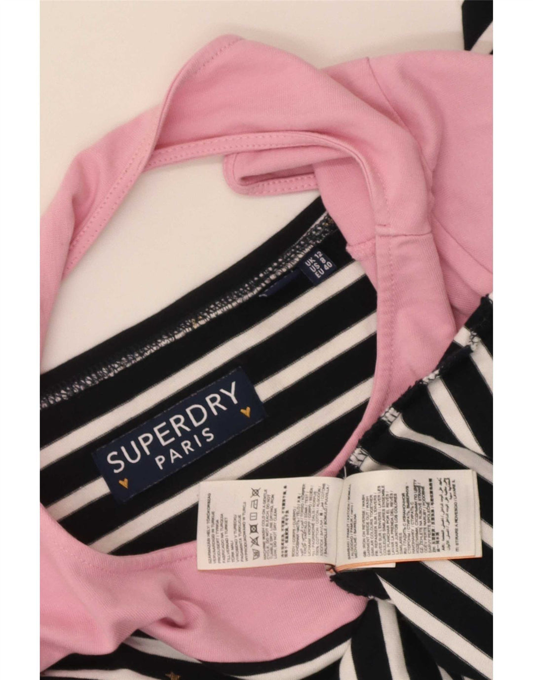 Top feminino Superdry de manga comprida UK 12 algodão listrado azul marinho médio
