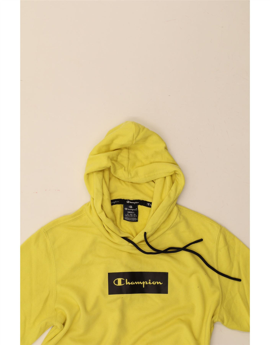 CHAMPION Mens Graphic Hoodie Jumper Small Yellow Cotton Vintage Champion and Second-Hand Champion from Messina Hembry 