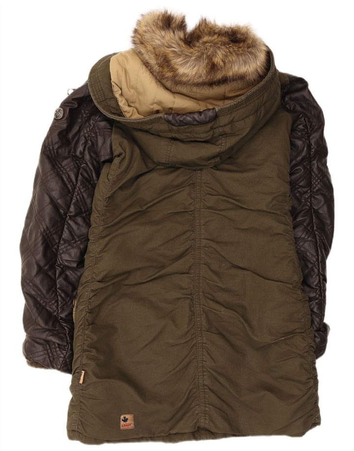 Jaqueta parka feminina com capuz KHUJO Reino Unido 14 grande poliéster colorblock cáqui