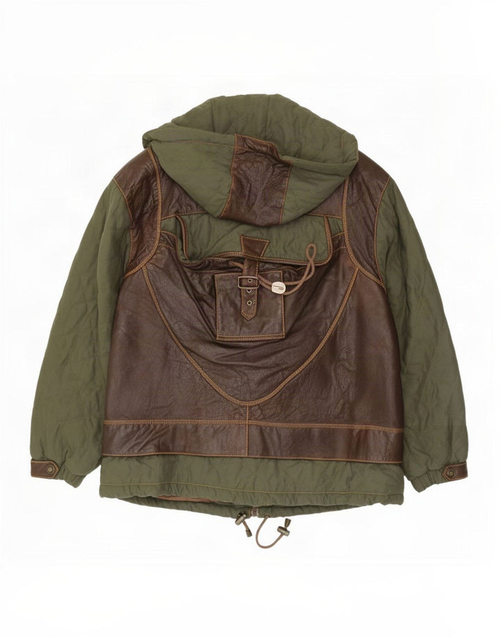 Jaqueta feminina vintage com capuz grande UK 14 bloco colorido marrom médio