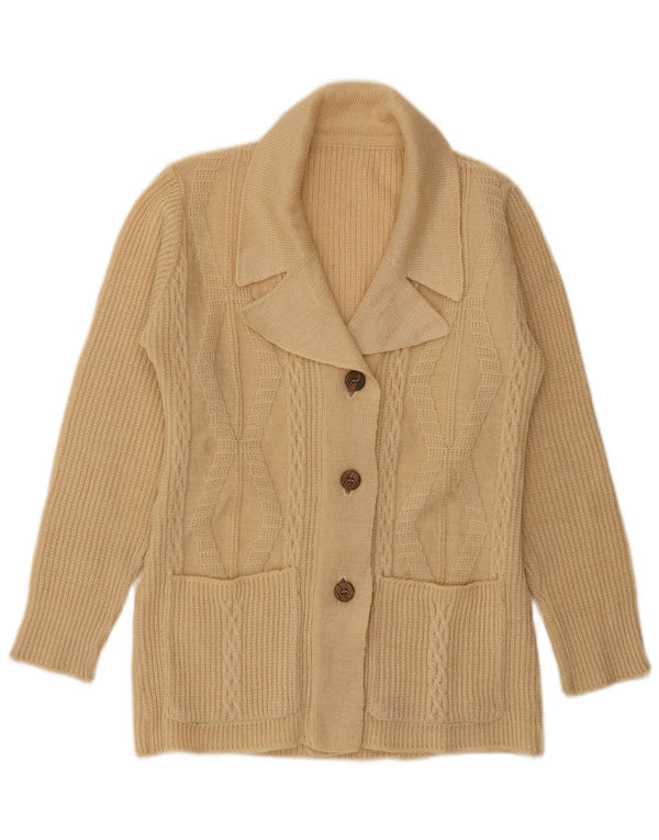 Suéter cardigã feminino vintage Reino Unido 12 bege médio