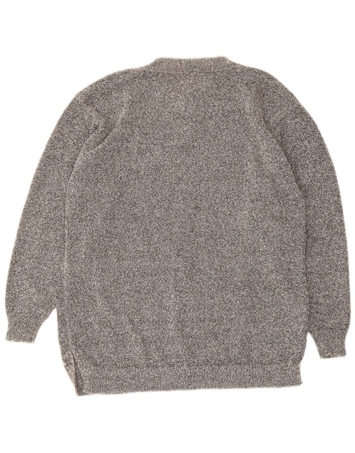 Suéter feminino vintage com gola redonda e botão UK 16 grande acrílico cinza