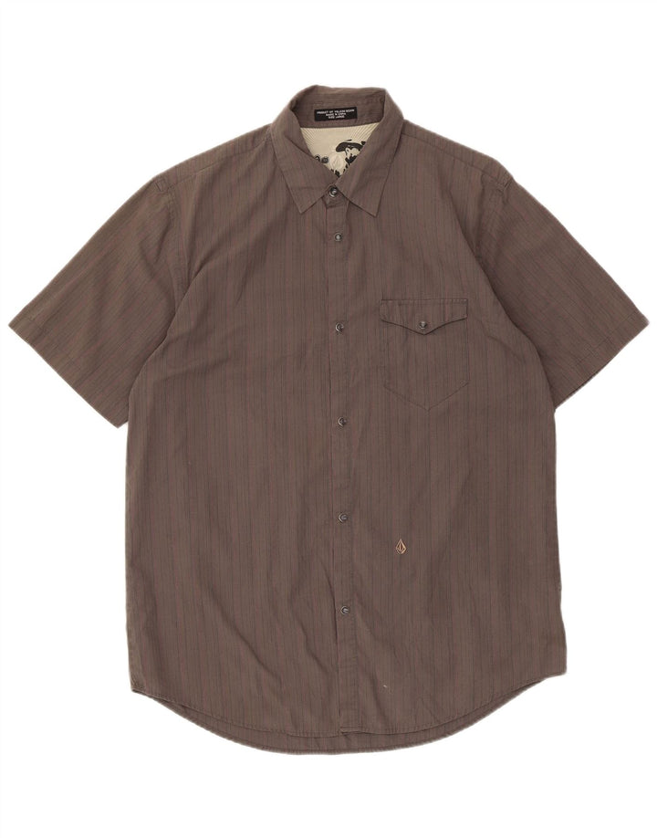 Camisa masculina de manga curta Volcom grande algodão listrado cinza